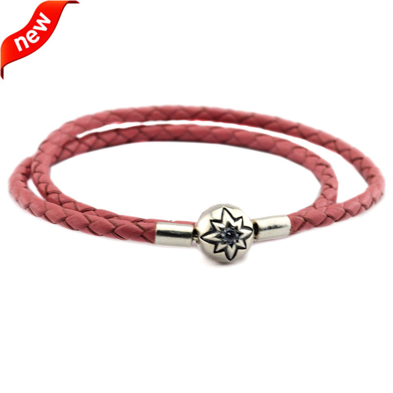 Fits European Beads Jewelry Pink Leather Bracelets with Starry Sky Clasp Fashion Jewelry for Women DIY Charms Bracelet CKP609
