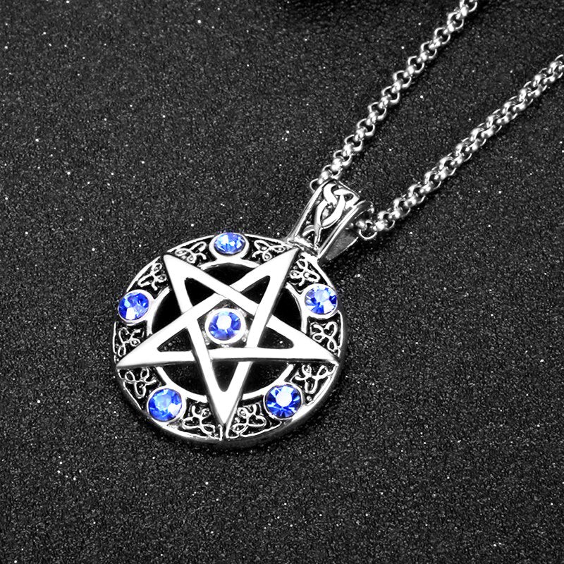 Five-Pointed Star Round Hollow Pendant Men's Necklace Blue Zircon Inlaid Accessories Accessories Party Jewelry