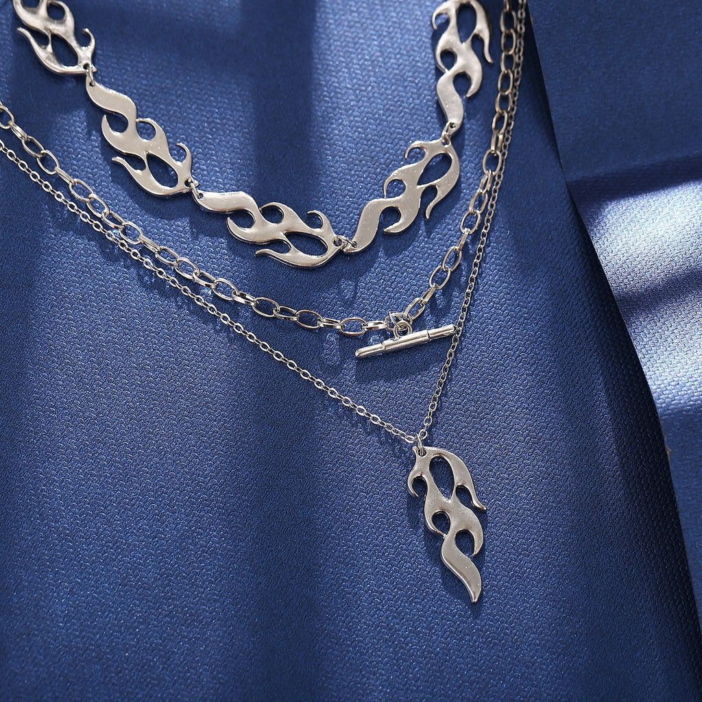 Flame Choker Necklace Silver Color Fire Pendant Multilayer Clavicle Chains Boy Girl Punk Charm Jewelry Gothic Cool Accessory