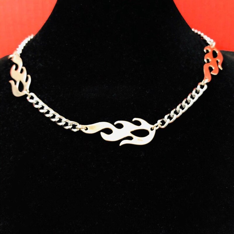 Flames Valentine's Necklace, Flame Chain Choker, Chunky Chain Necklace, Y2K Punk Rock Jewelry,Curb Chain Choker