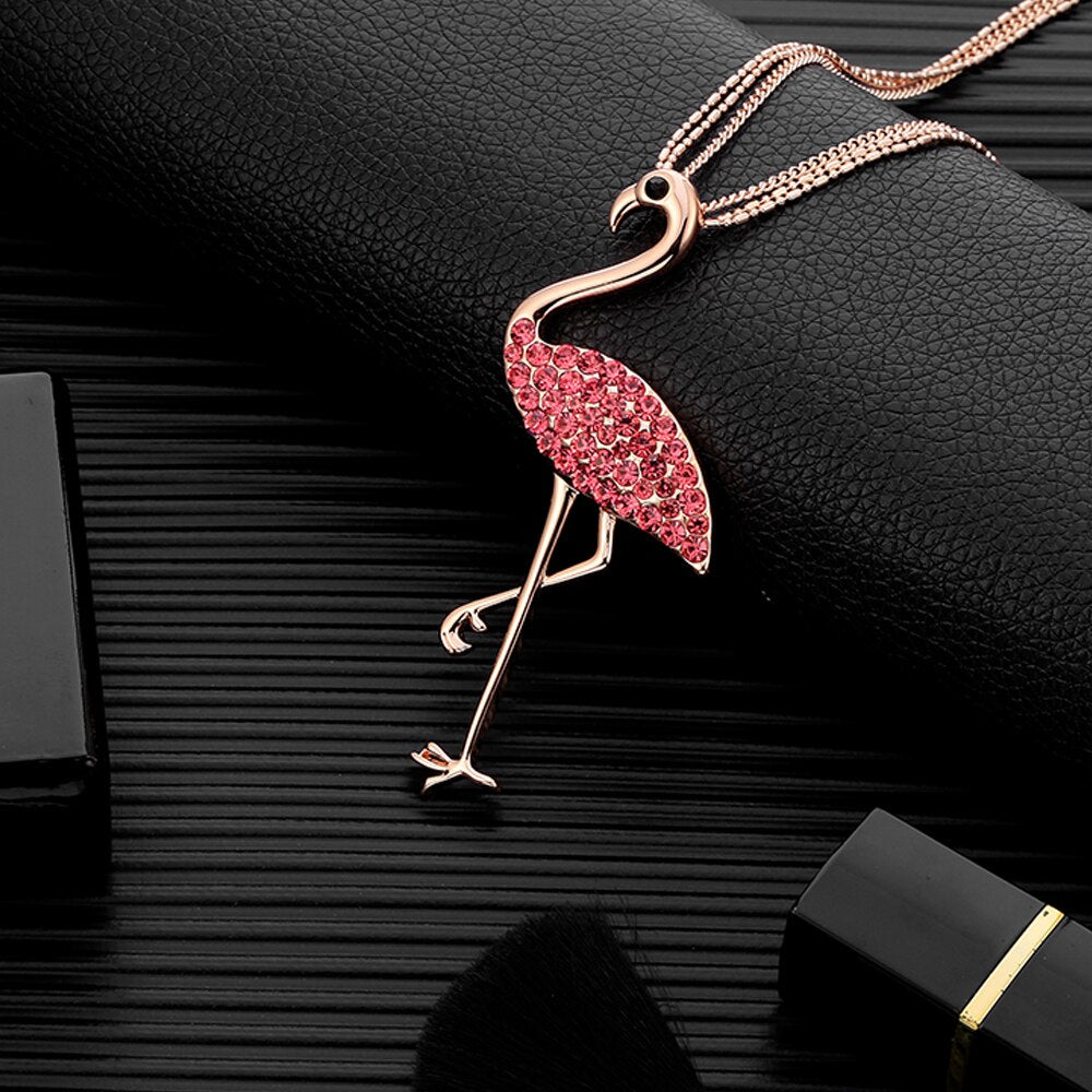 Flamingo CZ Zircon Pendant Woman Necklace Rose Gold Color 3 Layer Long Sweater Chain Necklaces Simple Jewelry Woman Accessories