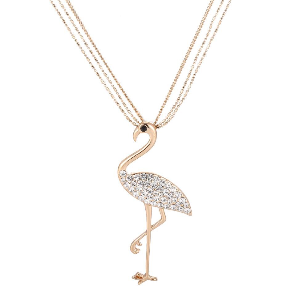 Flamingo CZ Zircon Pendant Woman Necklace Rose Gold Color 3 Layer Long Sweater Chain Necklaces Simple Jewelry Woman Accessories