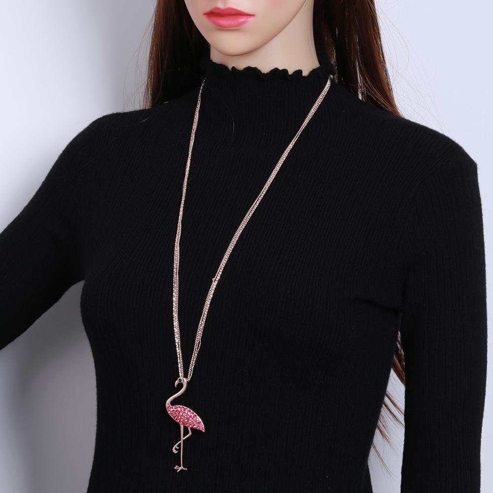 Flamingo CZ Zircon Pendant Woman Necklace Rose Gold Color 3 Layer Long Sweater Chain Necklaces Simple Jewelry Woman Accessories