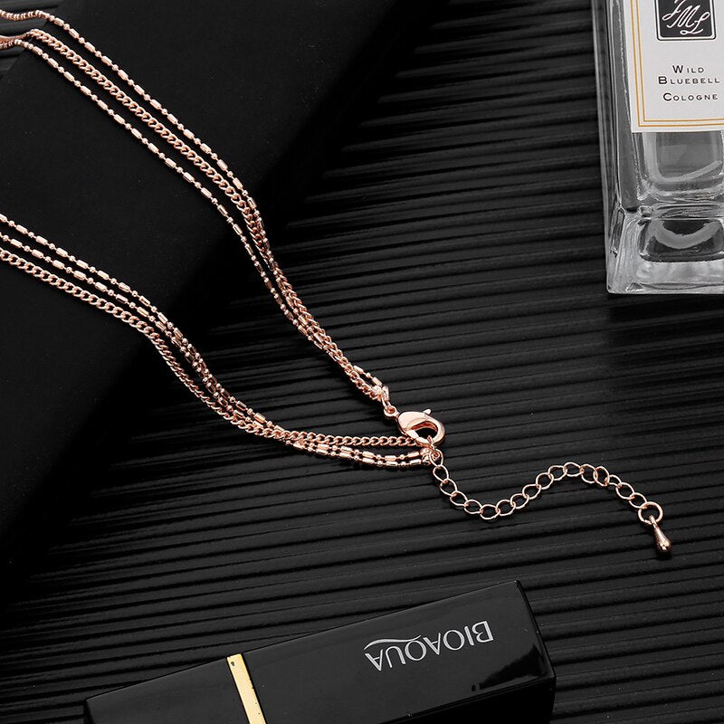 Flamingo CZ Zircon Pendant Woman Necklace Rose Gold Color 3 Layer Long Sweater Chain Necklaces Simple Jewelry Woman Accessories