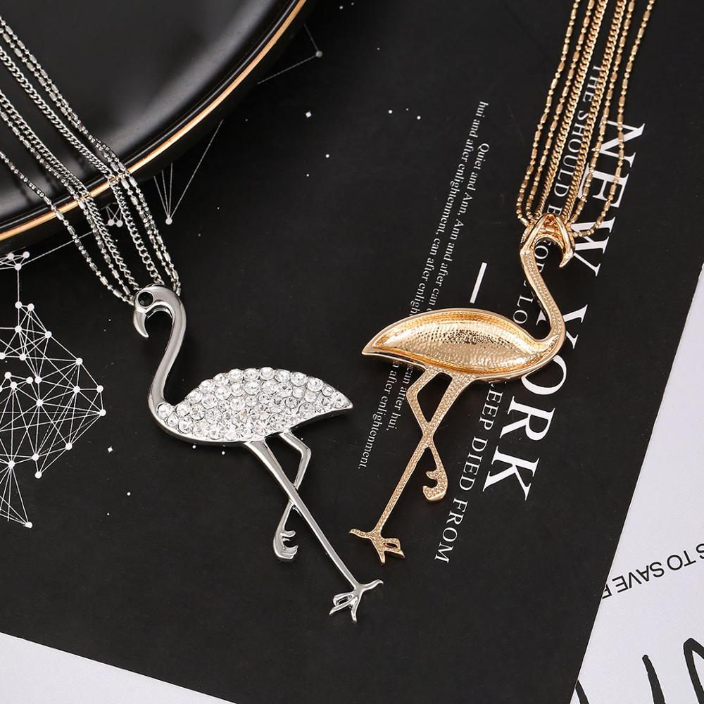 Flamingo CZ Zircon Pendant Woman Necklace Rose Gold Color 3 Layer Long Sweater Chain Necklaces Simple Jewelry Woman Accessories