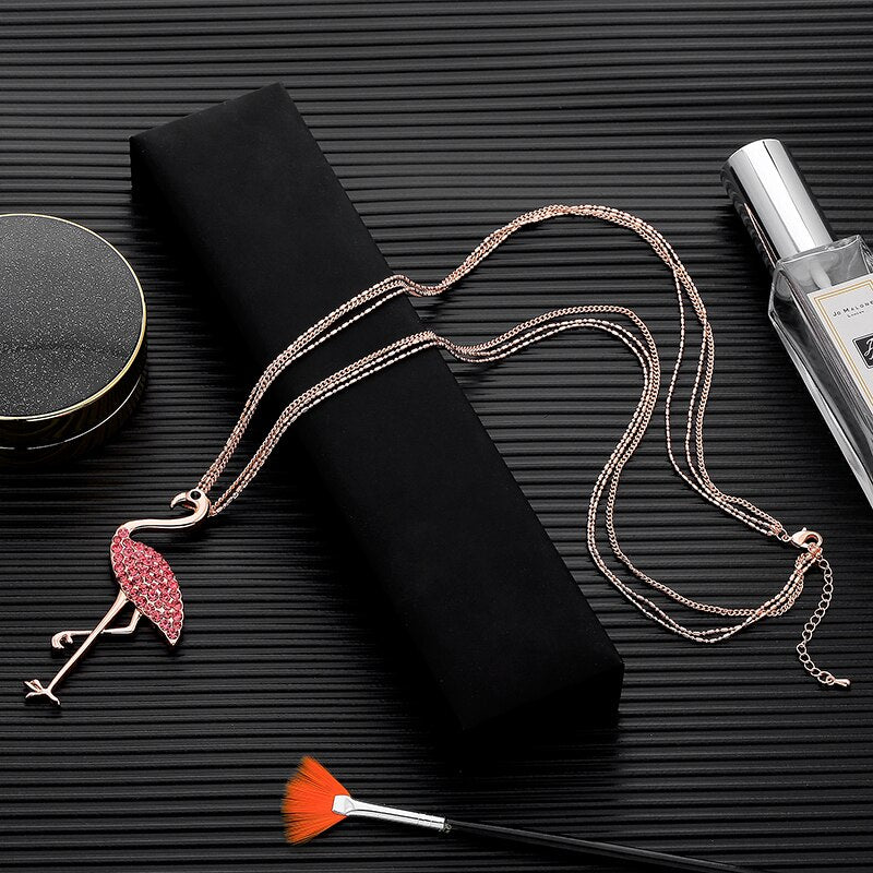 Flamingo CZ Zircon Pendant Woman Necklace Rose Gold Color 3 Layer Long Sweater Chain Necklaces Simple Jewelry Woman Accessories