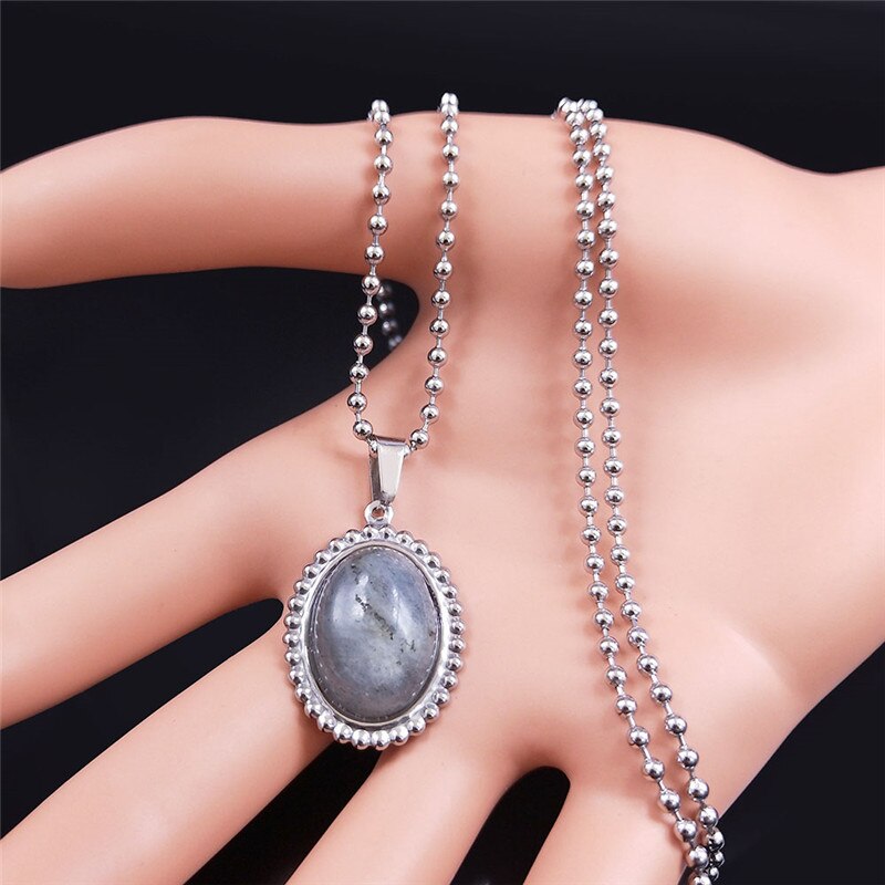 Flash Stone Stainless Steel Necklaces Charm Women/Men Silver Color Oval Long Necklaces Chain Jewelry collar mujer N4519S05