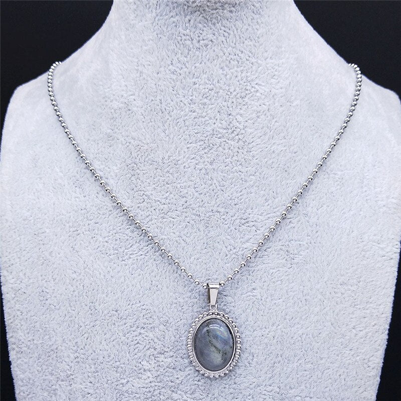 Flash Stone Stainless Steel Necklaces Charm Women/Men Silver Color Oval Long Necklaces Chain Jewelry collar mujer N4519S05