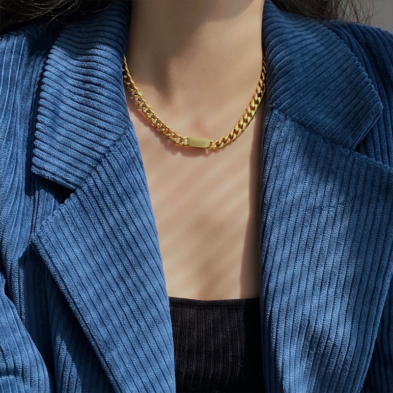 Flashbuy Trendy Gold Color Thick Chain Necklace for Women Stainless Steel Chunky Chain Choker Necklace Minimalist Couple Jewelry