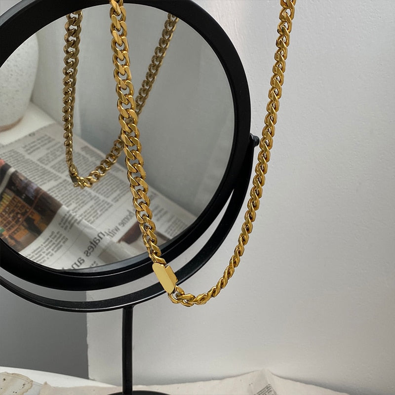 Flashbuy Trendy Gold Color Thick Chain Necklace for Women Stainless Steel Chunky Chain Choker Necklace Minimalist Couple Jewelry