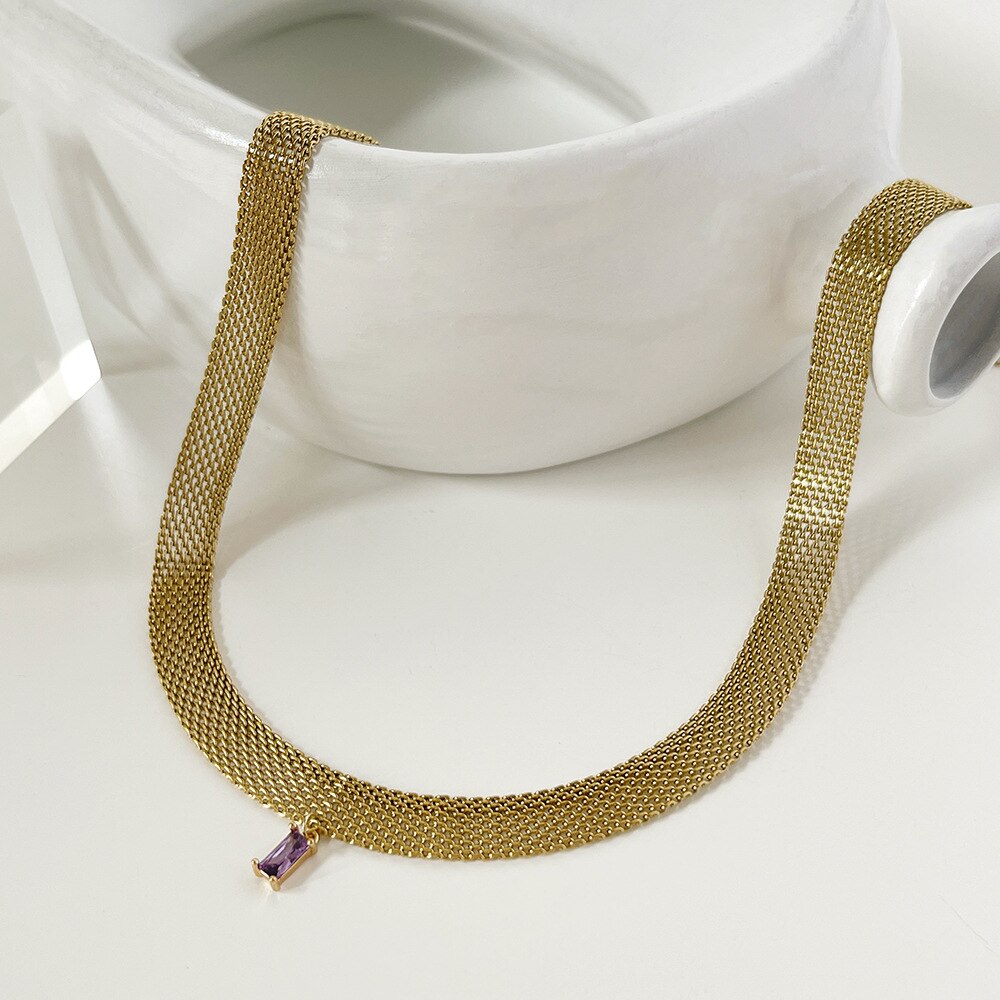 Flat mesh choker necklace with colored zirconia stone stainless steel necklace 2021 minimalism dainty jewelry summery jewelry