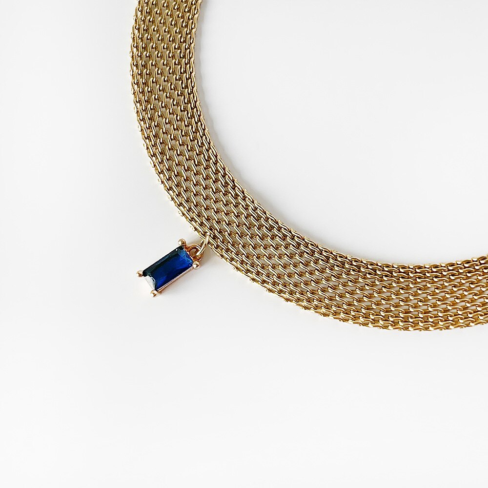 Flat mesh choker necklace with colored zirconia stone stainless steel necklace 2021 minimalism dainty jewelry summery jewelry