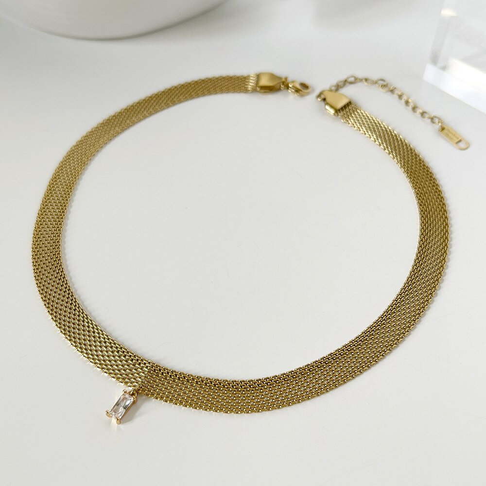 Flat mesh choker necklace with colored zirconia stone stainless steel necklace 2021 minimalism dainty jewelry summery jewelry