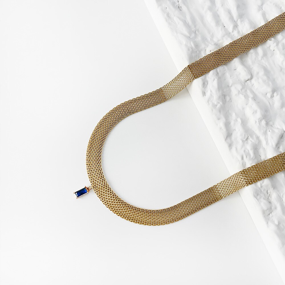Flat mesh choker necklace with colored zirconia stone stainless steel necklace 2021 minimalism dainty jewelry summery jewelry
