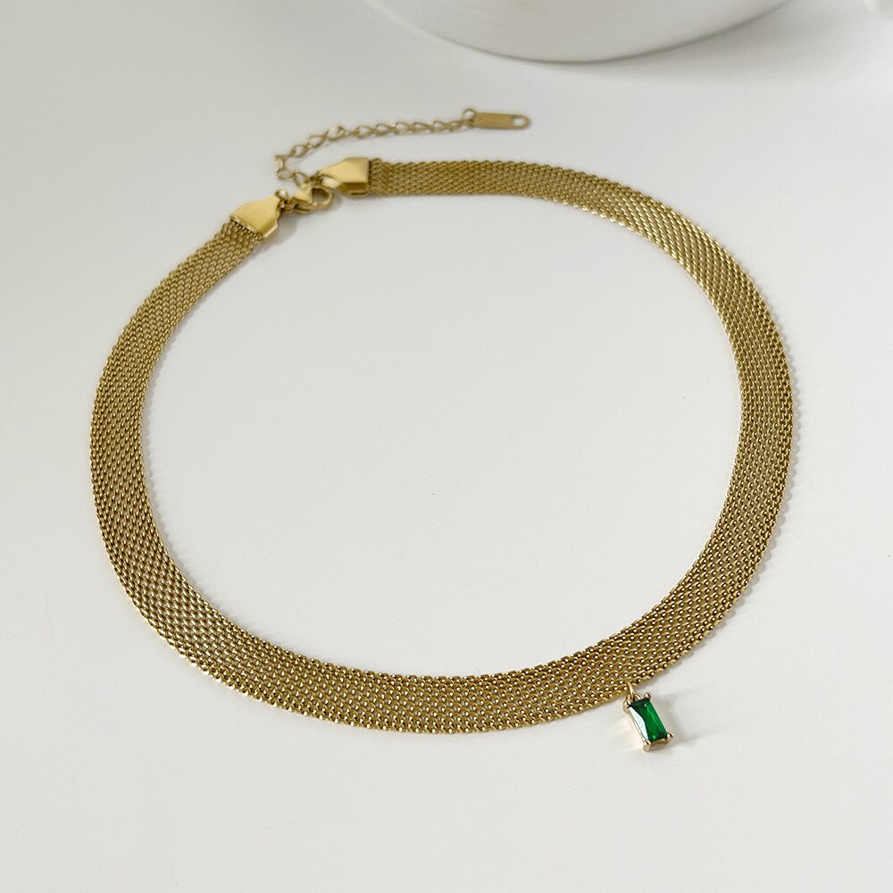 Flat mesh choker necklace with colored zirconia stone stainless steel necklace 2021 minimalism dainty jewelry summery jewelry
