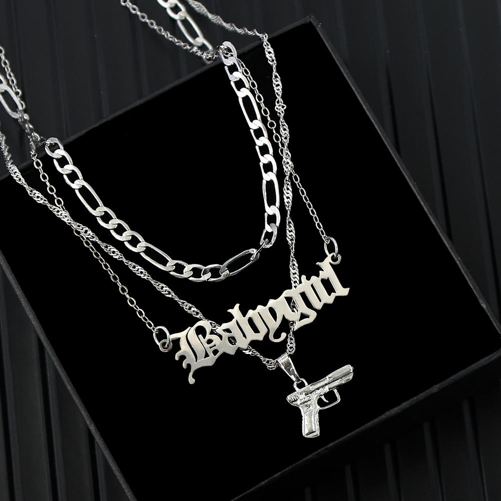 Flatfoosie Punk Hip Hop Silver Color Pistol Pendant Necklace Women Multilayer Babygirl Letter Clavicle Chain Necklace Jewelry