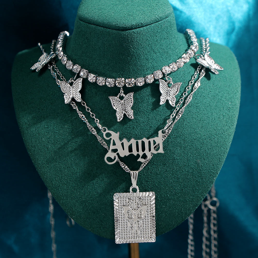 Flatfoosie Punk Hip Hop Silver Color Pistol Pendant Necklace Women Multilayer Babygirl Letter Clavicle Chain Necklace Jewelry