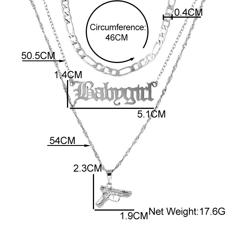 Flatfoosie Punk Hip Hop Silver Color Pistol Pendant Necklace Women Multilayer Babygirl Letter Clavicle Chain Necklace Jewelry