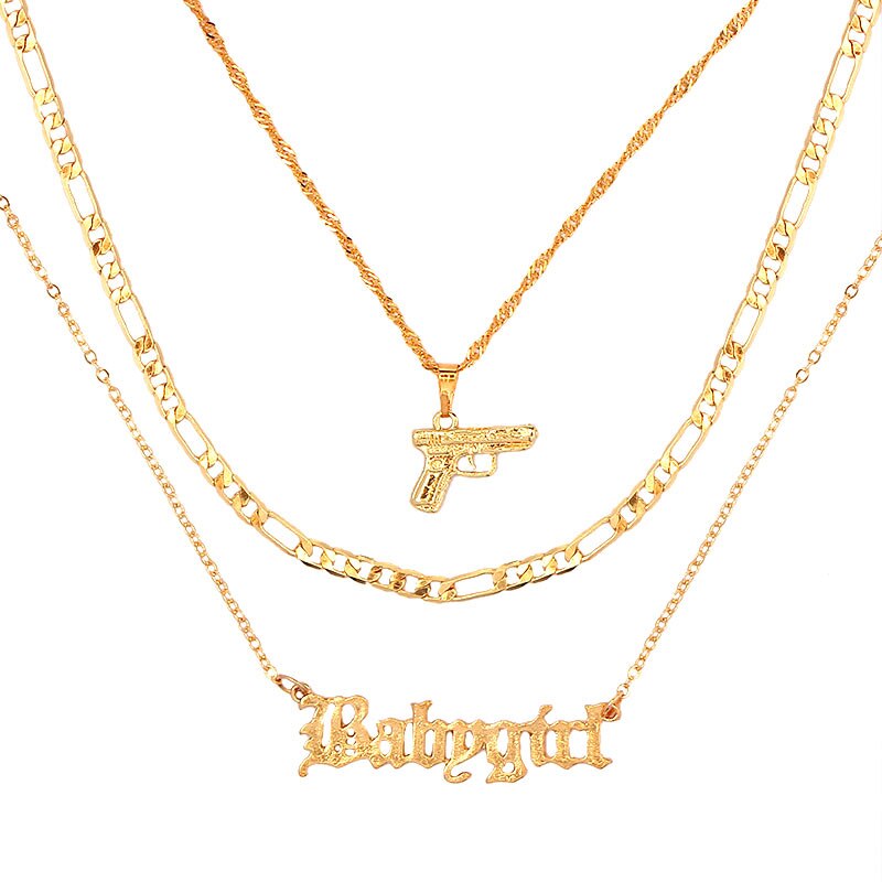 Flatfoosie Punk Hip Hop Silver Color Pistol Pendant Necklace Women Multilayer Babygirl Letter Clavicle Chain Necklace Jewelry