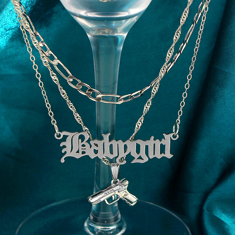 Flatfoosie Punk Hip Hop Silver Color Pistol Pendant Necklace Women Multilayer Babygirl Letter Clavicle Chain Necklace Jewelry