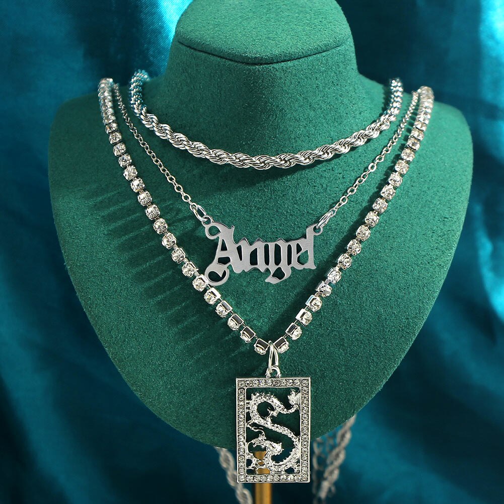 Flatfoosie Punk Hip Hop Silver Color Pistol Pendant Necklace Women Multilayer Babygirl Letter Clavicle Chain Necklace Jewelry