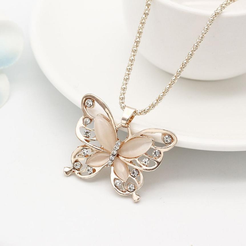 Flawless Women Lady Necklace Choker Pendientes Rose Gold Opal Butterfly Pendant Exquisite Necklace Sweater Chain Oorbellen