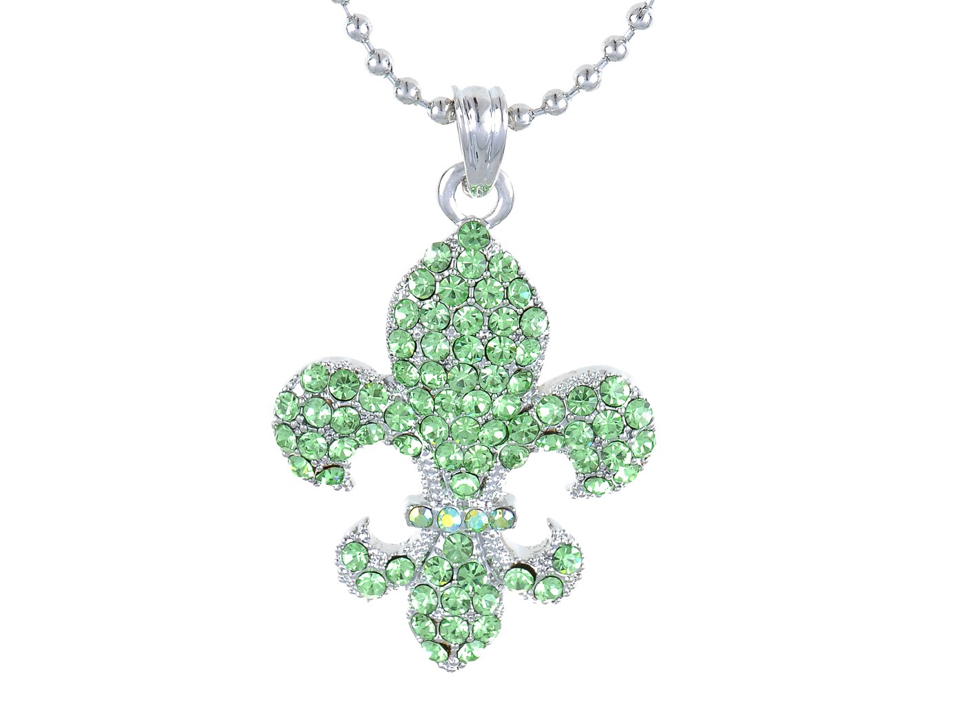 Fleur De Lis Peridot Green Rhinestone Silvery Chain Pendant Necklace Jewelry For Women