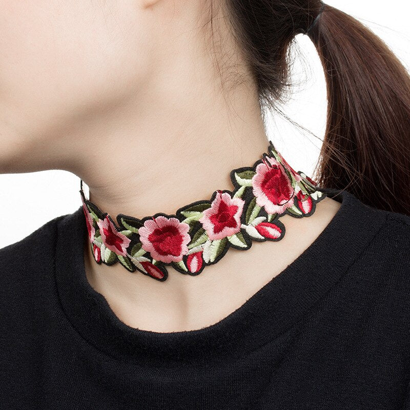 Floral Statement Choker Necklace Silver Color Chains Rose Flower Leaf Tattoo Chokers Necklaces Accessories Jewelry For Women