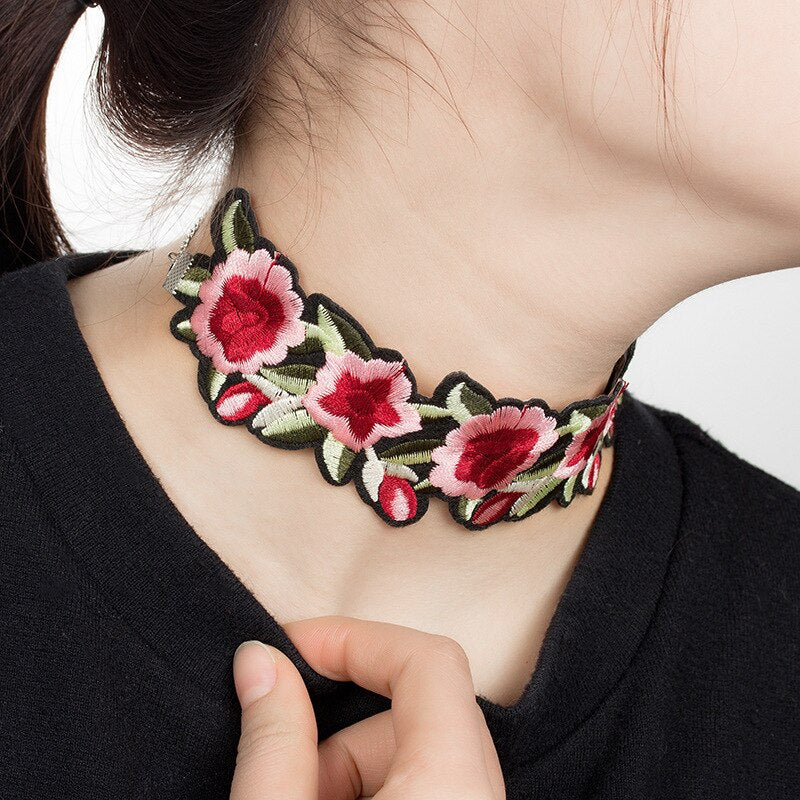 Floral Statement Choker Necklace Silver Color Chains Rose Flower Leaf Tattoo Chokers Necklaces Accessories Jewelry For Women