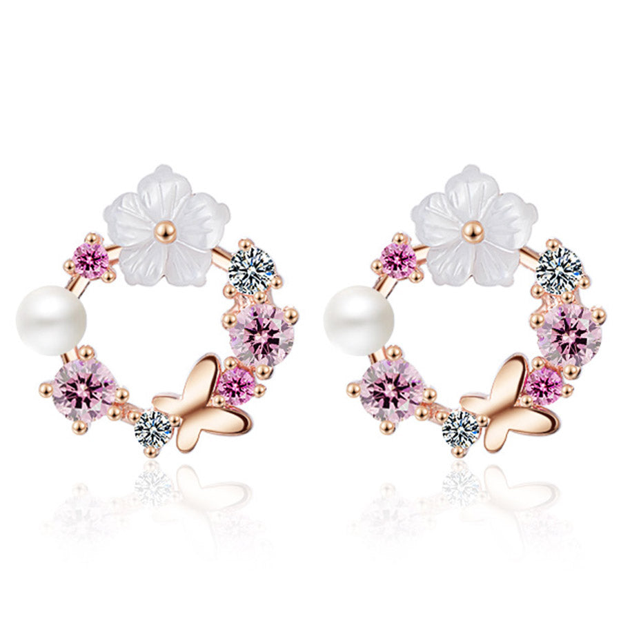 Flower Pearl 925 Sterling Silver Stud Earrings Girl Cubic Zirconia Wedding Butterfly Earings Women New Rose Gold Earring Jewelry