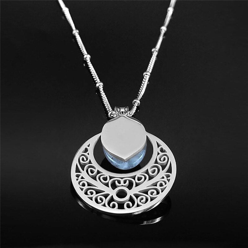 Flower of Life Stainless Steel Bohemian Necklace Women Flash Stone Silver Color Charm Necklaces Jewelry bijoux femme N4315S04