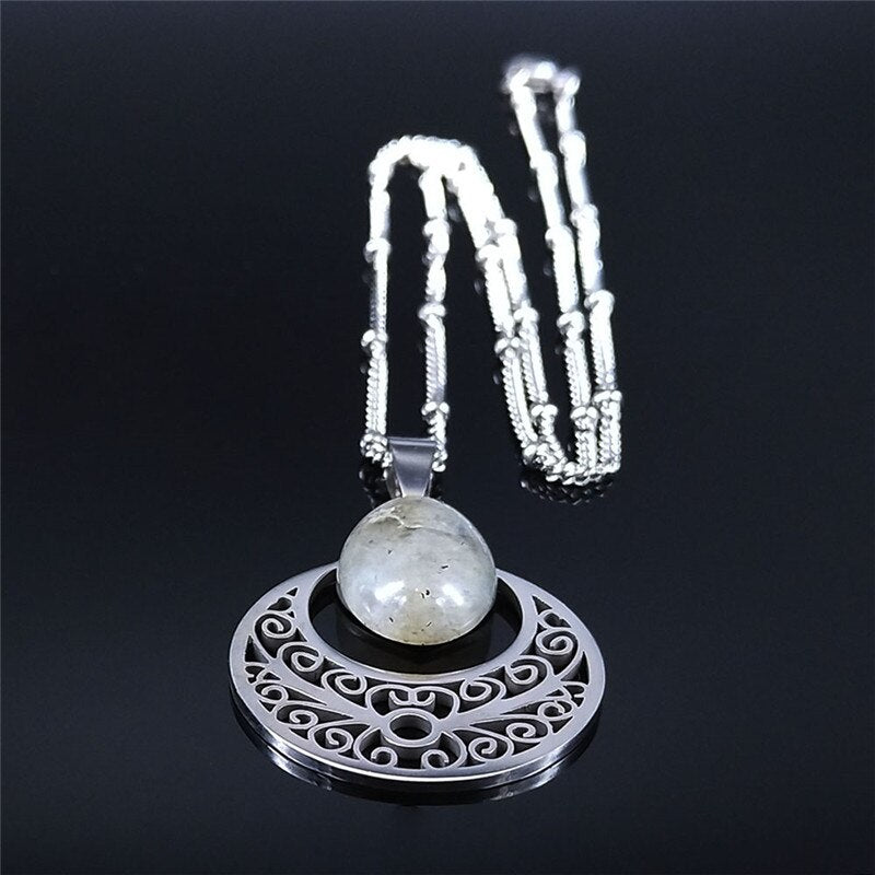 Flower of Life Stainless Steel Bohemian Necklace Women Flash Stone Silver Color Charm Necklaces Jewelry bijoux femme N4315S04