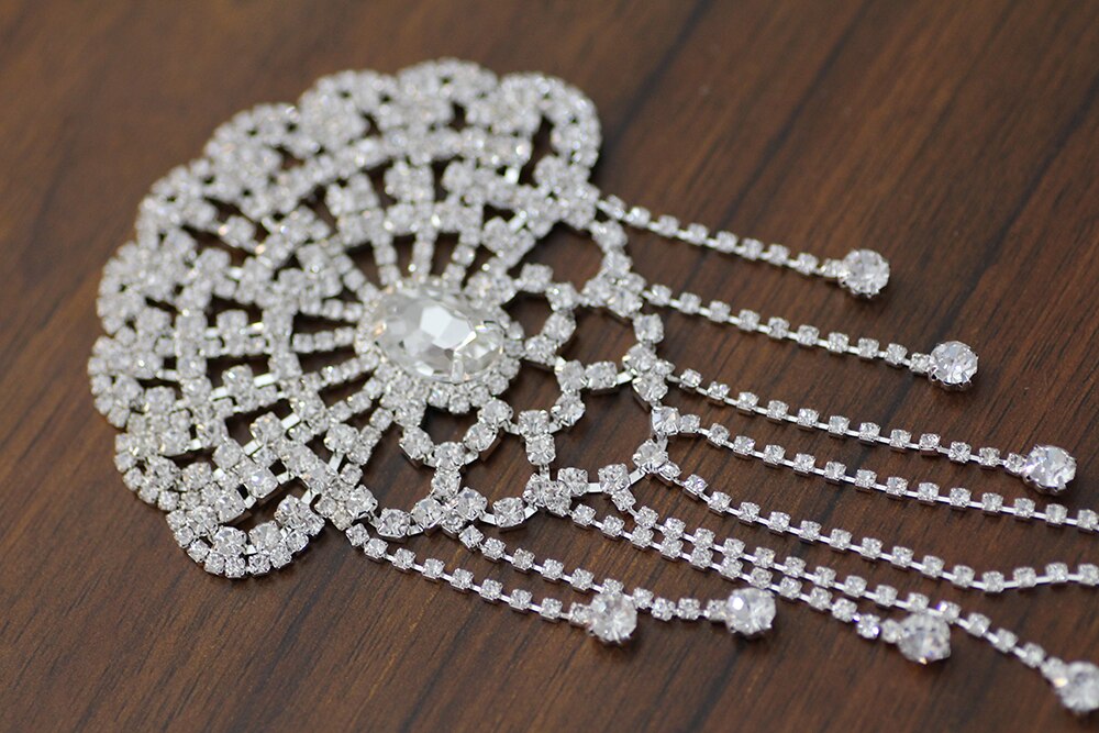 Flower shape crystal clear rhinestone applique rhinestone shoulder chain with tassel wedding dress decoration DIY sew on stone