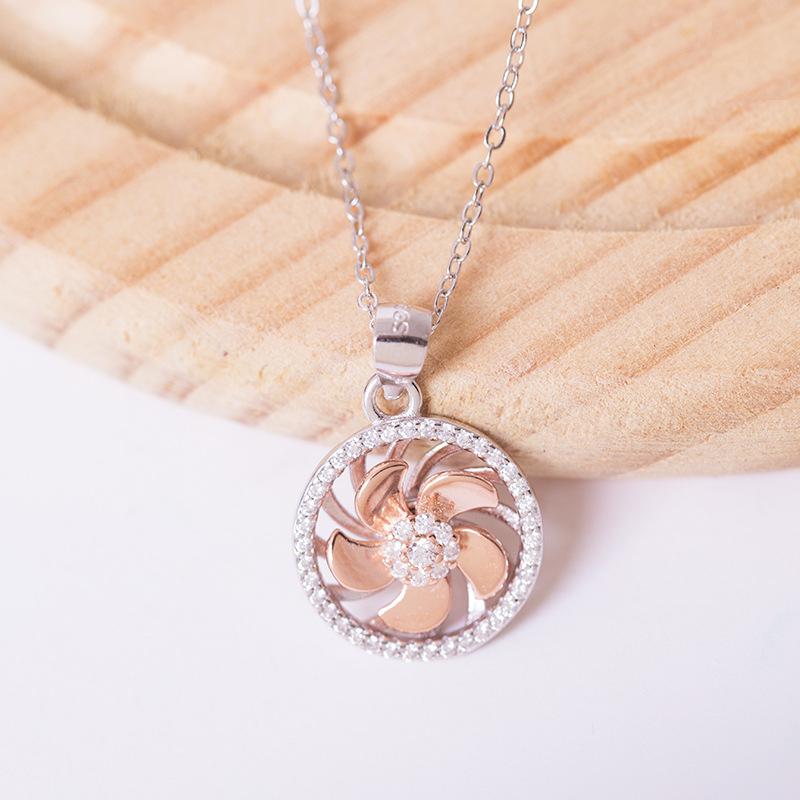 100% 925 Sterling Silver Rose Gold Color Flowers Fan Necklaces & Pendants For Women Cubic Zirconia Lady Fashion Jewelry