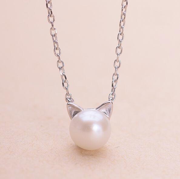 100% 925 sterling silver Imitation Pearl cat Necklaces & Pendants For Women Girl Fashion Jewelry