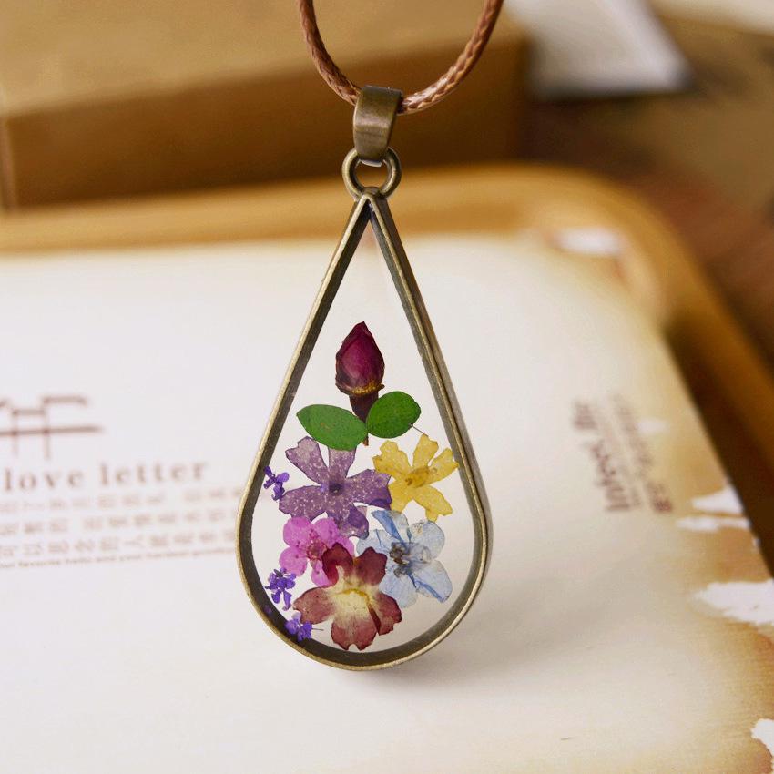 Handmade Vintage Style Natural Dried Flowers Long Necklaces & Pendants For Women Retro Girl Gift Bronze Jewelry