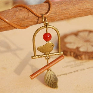 Handmade retro bronze birds natural twigs long pendant necklace 2015 colar Vintage fine jewelry accessories