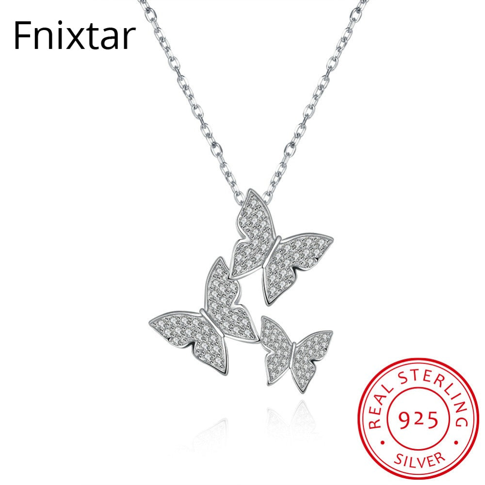 100% Genuine 925 Sterling Silver Shiny Clear CZ Butterfly Romantic Pendant Necklaces For Women Girl Jewelry Fine Jewelry