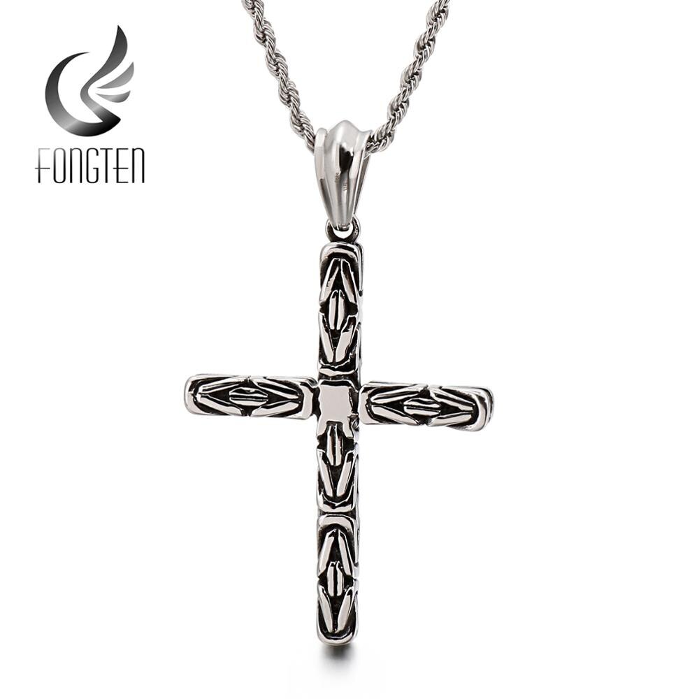 Fongten Blessing God Cross Pendant Necklace Polished and Blacken Stainless Steel Men Necklaces Old Look Jewelry