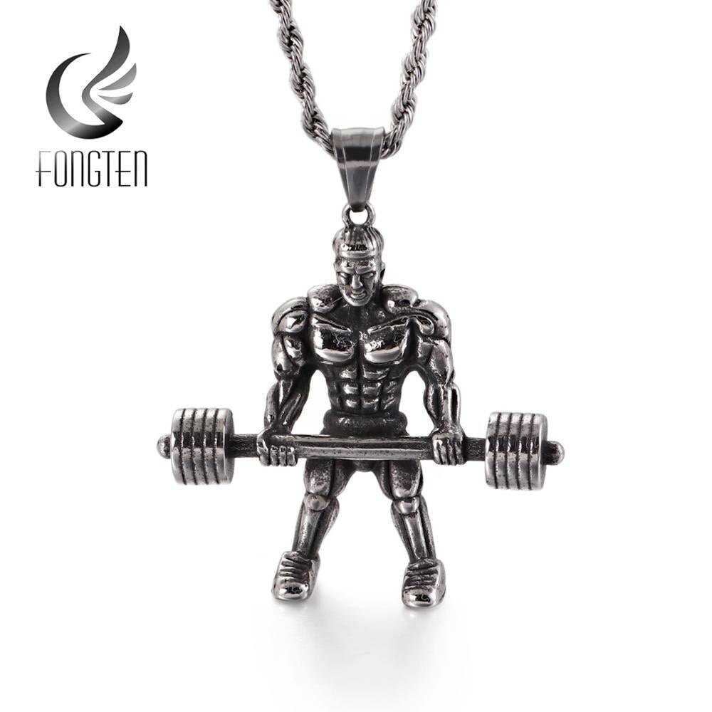 Fongten Bodybuilding Muscle Man Barbell Dumbbell Pendant Necklaces Stainless Steel Gym Fitness Necklace Men Jewelry