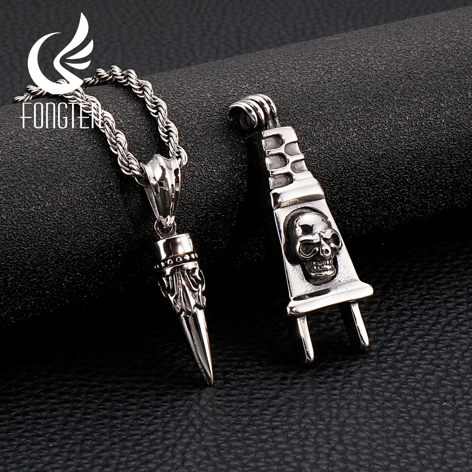 Fongten Gothic Hammer Skull Plug Pendant Necklace Men Stainless Steel Street Punk Necklaces Jewelry