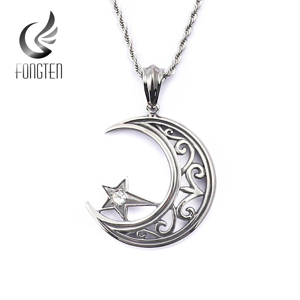 Fongten Islamic Charm Crescent Suspension Moon Pendant Necklace Stainless Steel Zircon Vintage Pendants Male Jewelry
