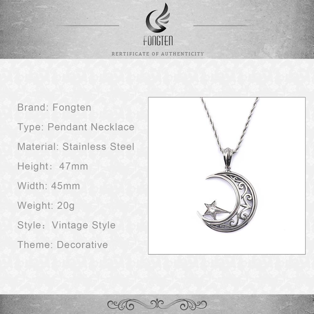 Fongten Islamic Charm Crescent Suspension Moon Pendant Necklace Stainless Steel Zircon Vintage Pendants Male Jewelry