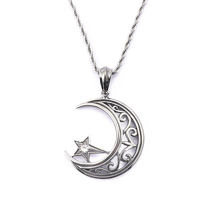 Fongten Islamic Charm Crescent Suspension Moon Pendant Necklace Stainless Steel Zircon Vintage Pendants Male Jewelry