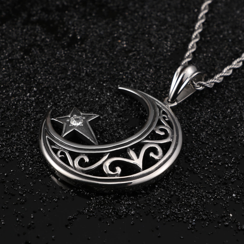Fongten Islamic Charm Crescent Suspension Moon Pendant Necklace Stainless Steel Zircon Vintage Pendants Male Jewelry