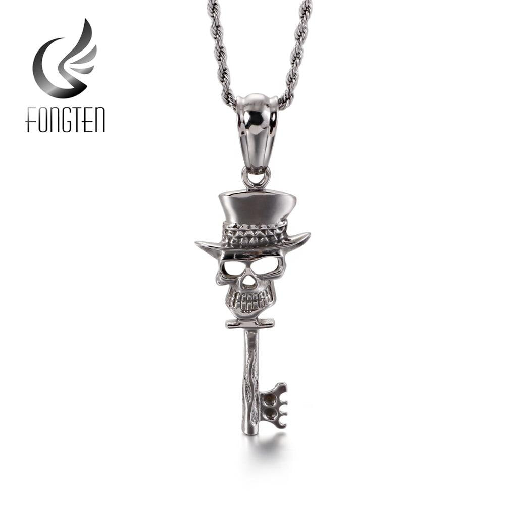 Fongten Skull Key Electric Plug Pendant Necklace Stainless Steel Punk Chain Necklaces For Men Jewelry