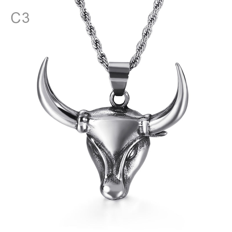 Fongten Vintage Animal Bullfighting Cattle Stainless Steel Long Link Chain Pendant Necklace Men Jewelry