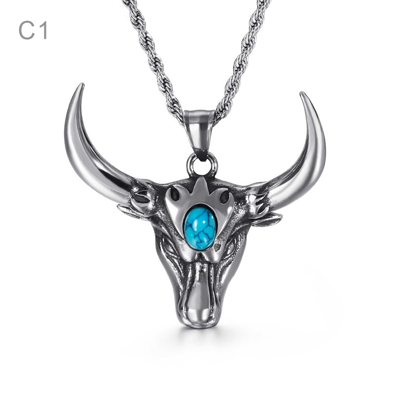 Fongten Vintage Animal Bullfighting Cattle Stainless Steel Long Link Chain Pendant Necklace Men Jewelry