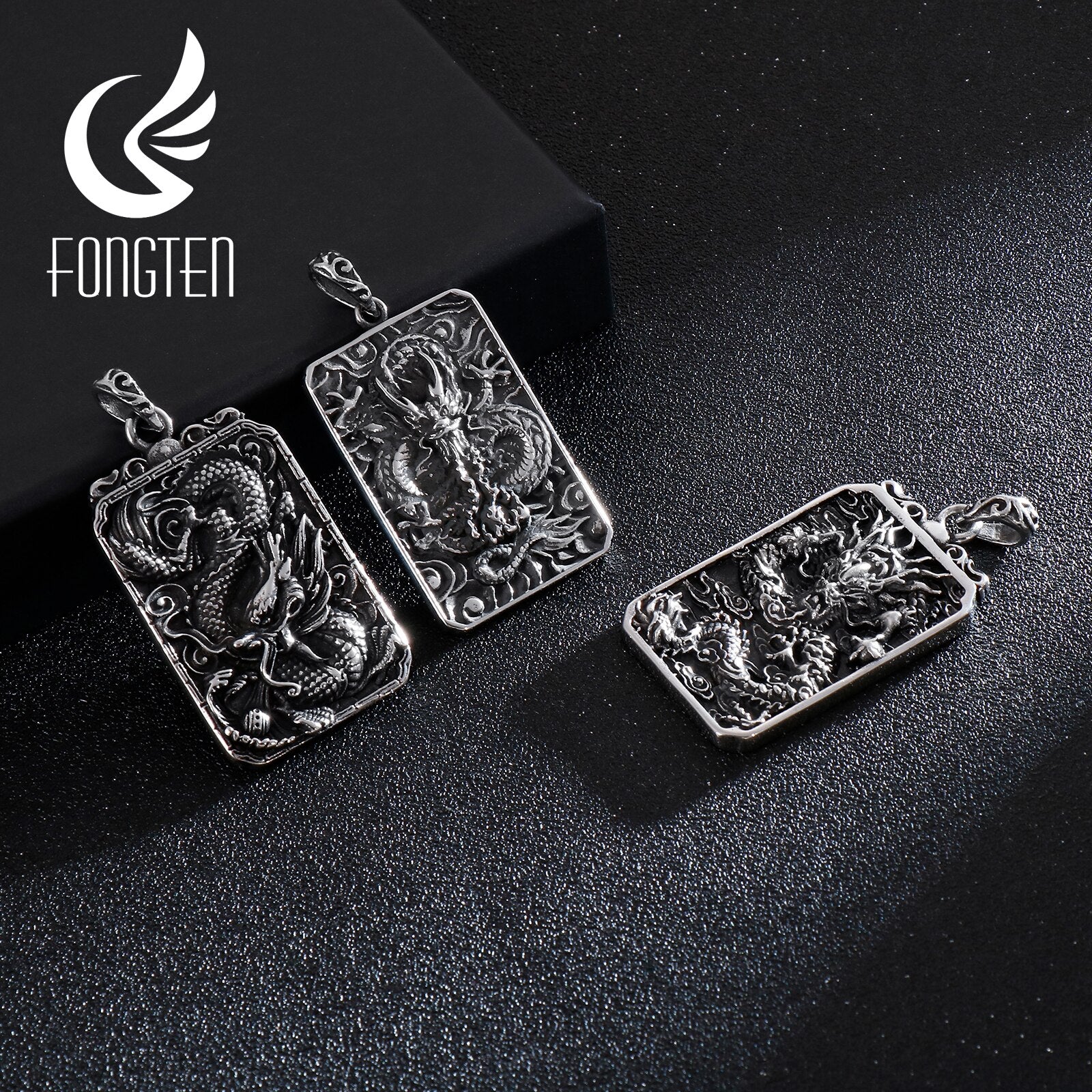 Fongten Vintage China Dragon Stainless Steel Hip Hop Chain Black Double Side Blessing Pendant Necklace Men Jewelry