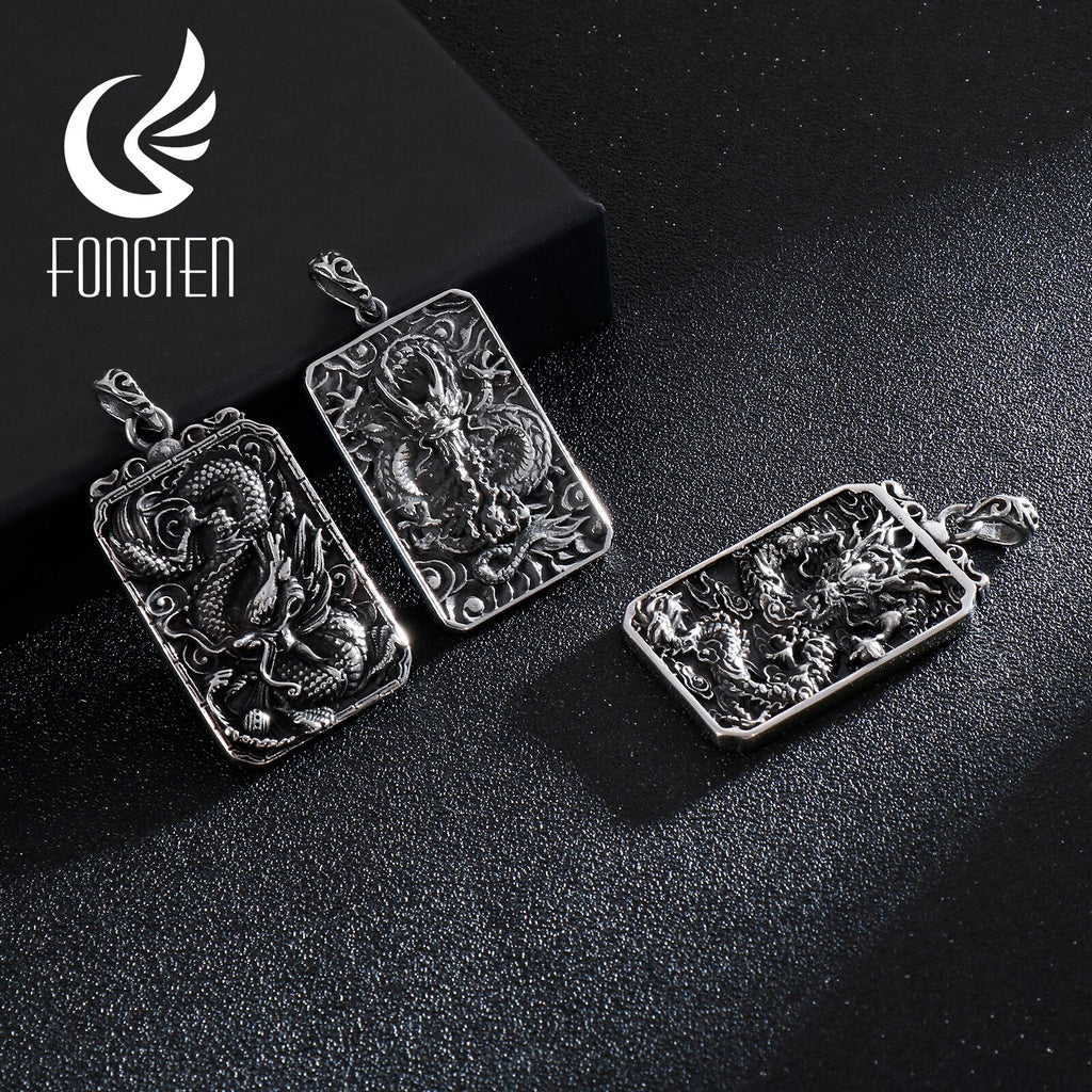 Fongten Vintage China Dragon Stainless Steel Hip Hop Chain Black Double Side Blessing Pendant Necklace Men Jewelry
